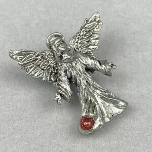 CCI pewter Guardian Angel Pendent with Small Red Stone Vintage Ornate